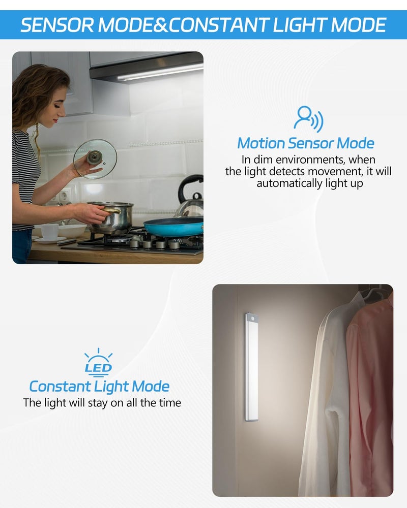 HIBOITEC Motion Sensor Under Counter Lights 2 Pack Rechargeable, 30-LED Wireless Cabinet Lighting Magnetic Self-Adhesive, 180lm Ultra Thin Closet Light for Kitchen, Cupboard, Drawer, Hallway, White - Image 5
